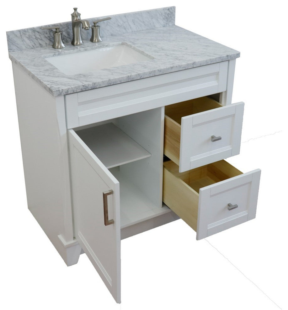 37" Single Sink Vanity, White Finish With White Carrara Marble