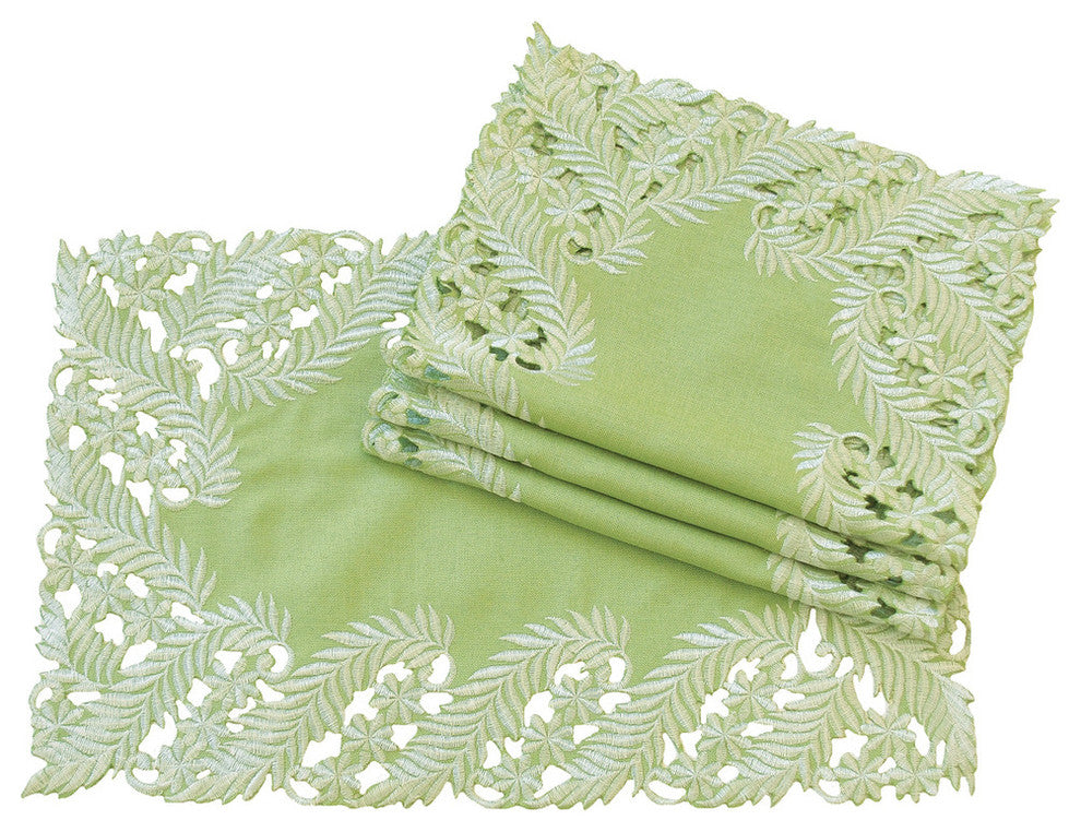 Laurel Embroidered Cutwork Spring Traycloths, 12"x18", Green, Set of 4
