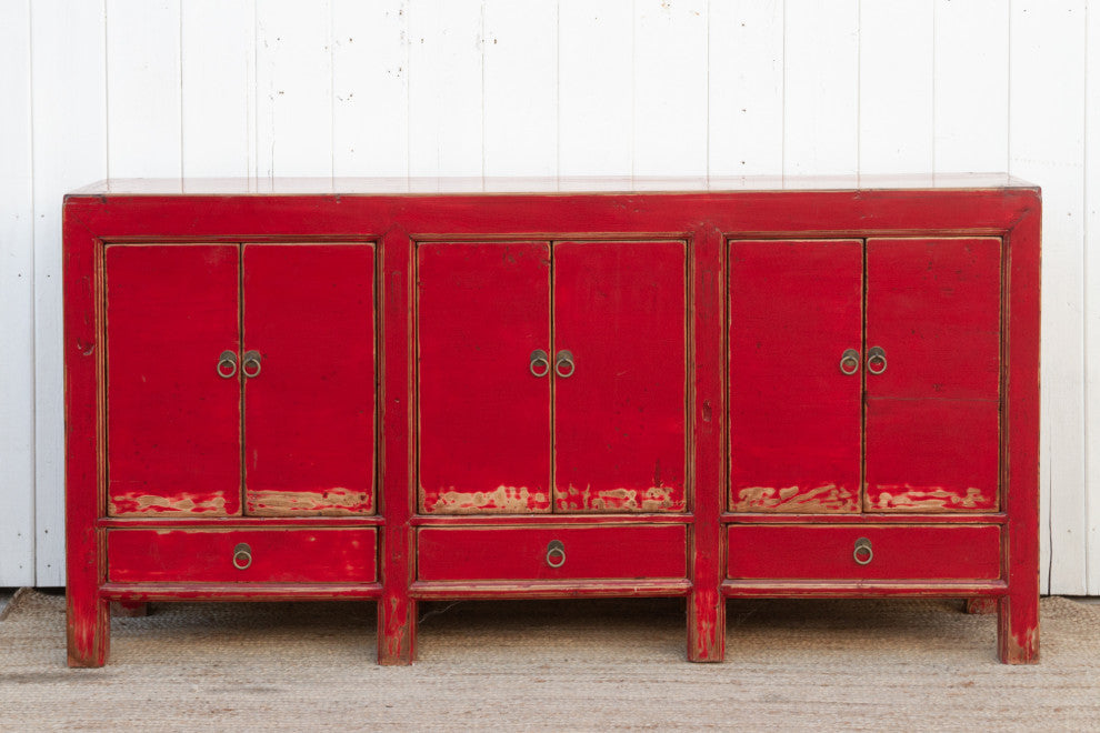Long Red Lacquered Asian Sideboard