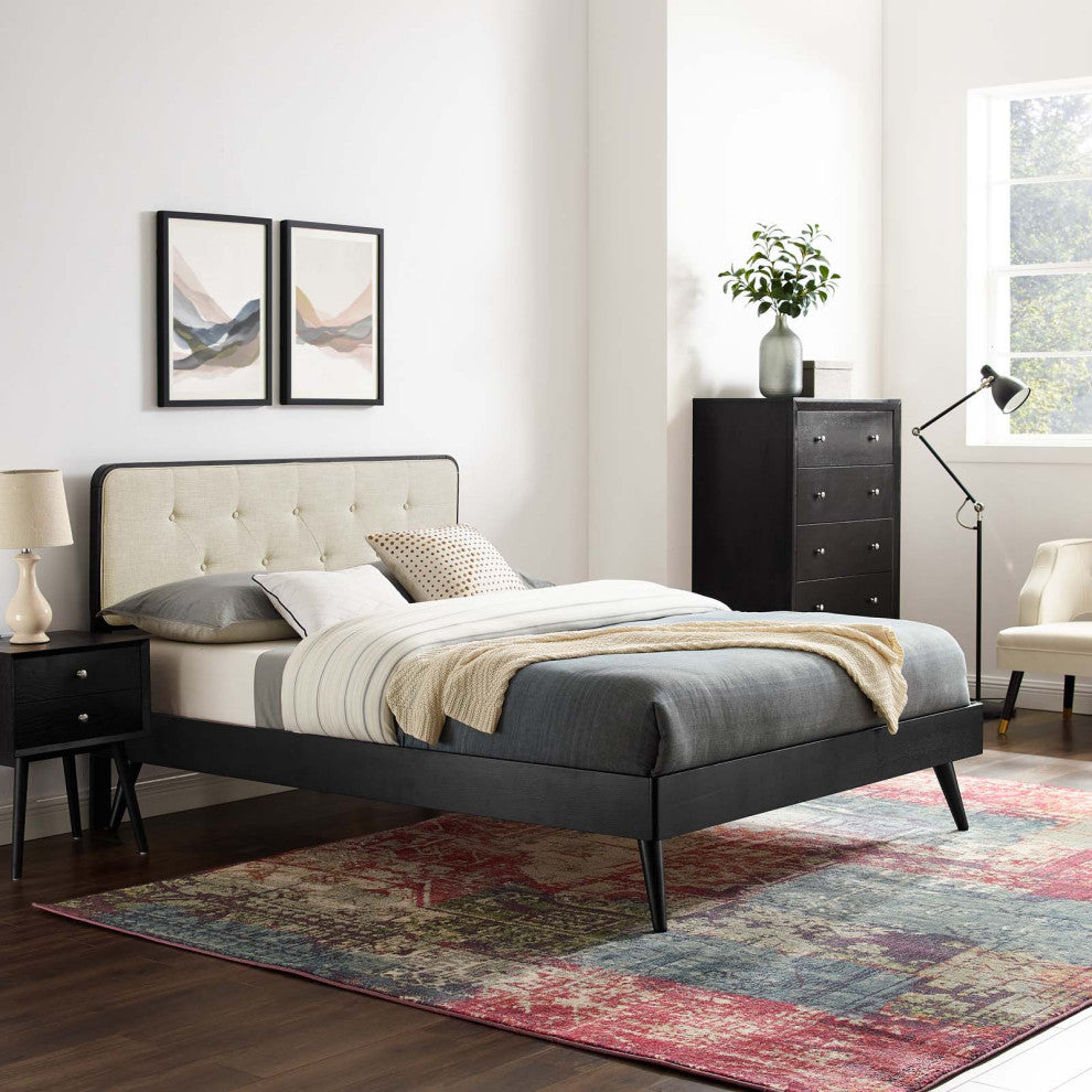 Platform Bed Frame, King Size, Wood, Black Beige, Modern Mid-Century, Bedroom