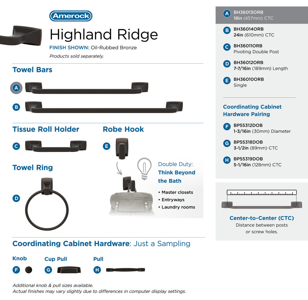 Amerock Highland Ridge Transitional Towel Bar, Oil Rubbed Bronze, 18" Center-to-