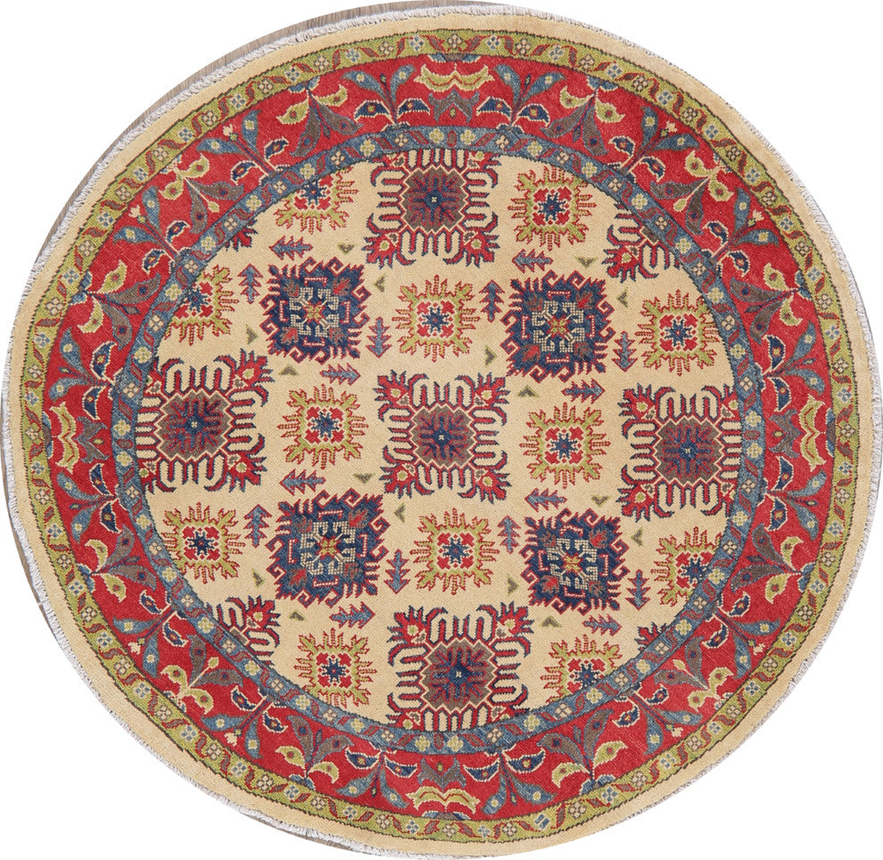 Pakistani Traditional Kazak Handmade Oriental Area Rug, Beige, 4'11"X4'11"