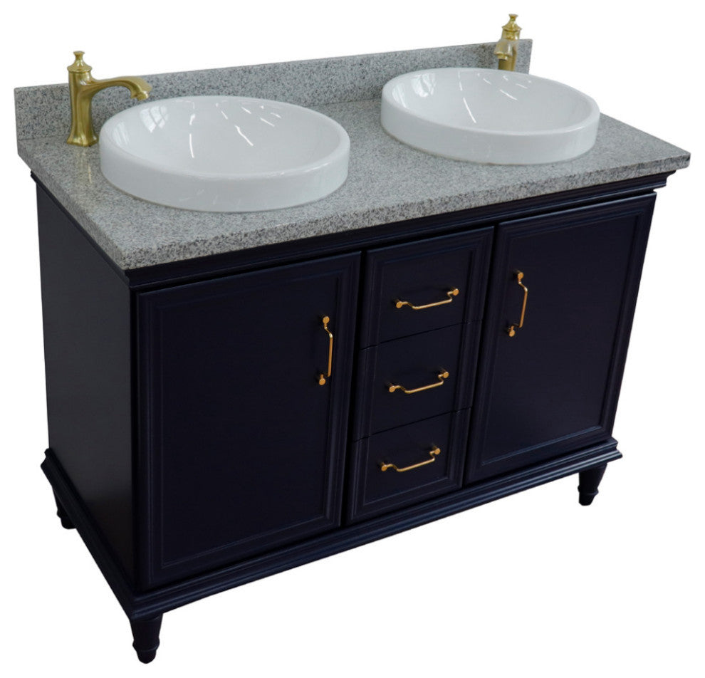 49" Double Vanity, Blue Finish With Gray Granite And Round Sink