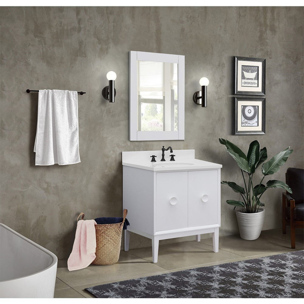 31" Single Vanity, White Finish With White Engineered Stone Top And Oval Sink