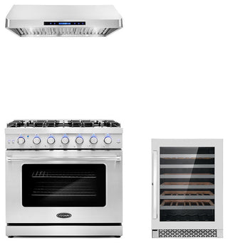 3-Piece, 36" Gas Range, 36" Range Hood and 48 Bottle Wine Refrigerator