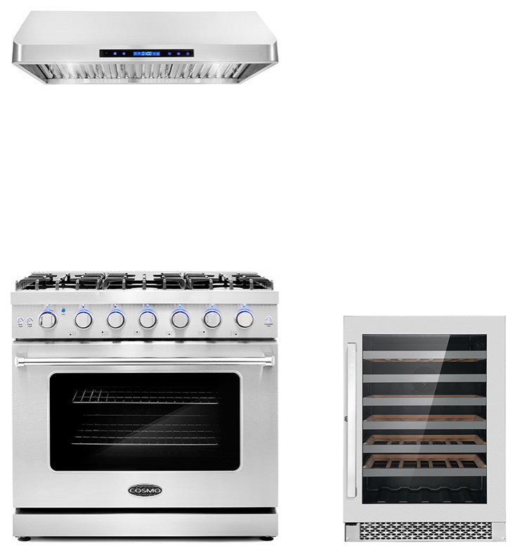 3-Piece, 36" Gas Range, 36" Range Hood and 48 Bottle Wine Refrigerator