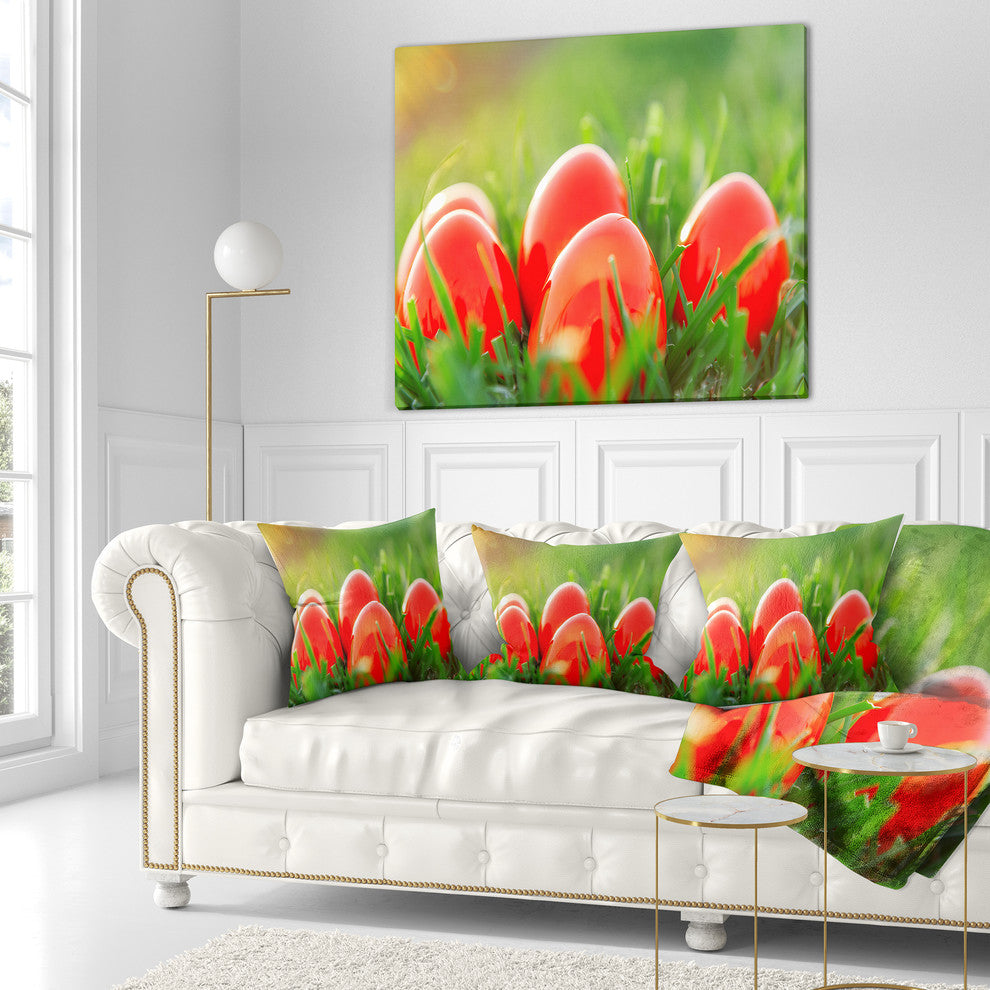 Red Easter Eggs in Green Grass Landscape Photography Throw Pillow, 16"x16"