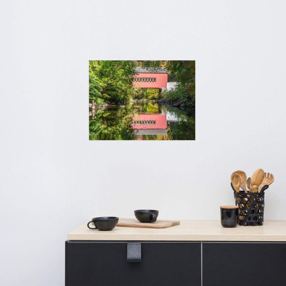 The Reflection of Wooddale Covered Bridge Unframed Wall Art Print, 18" X 24"