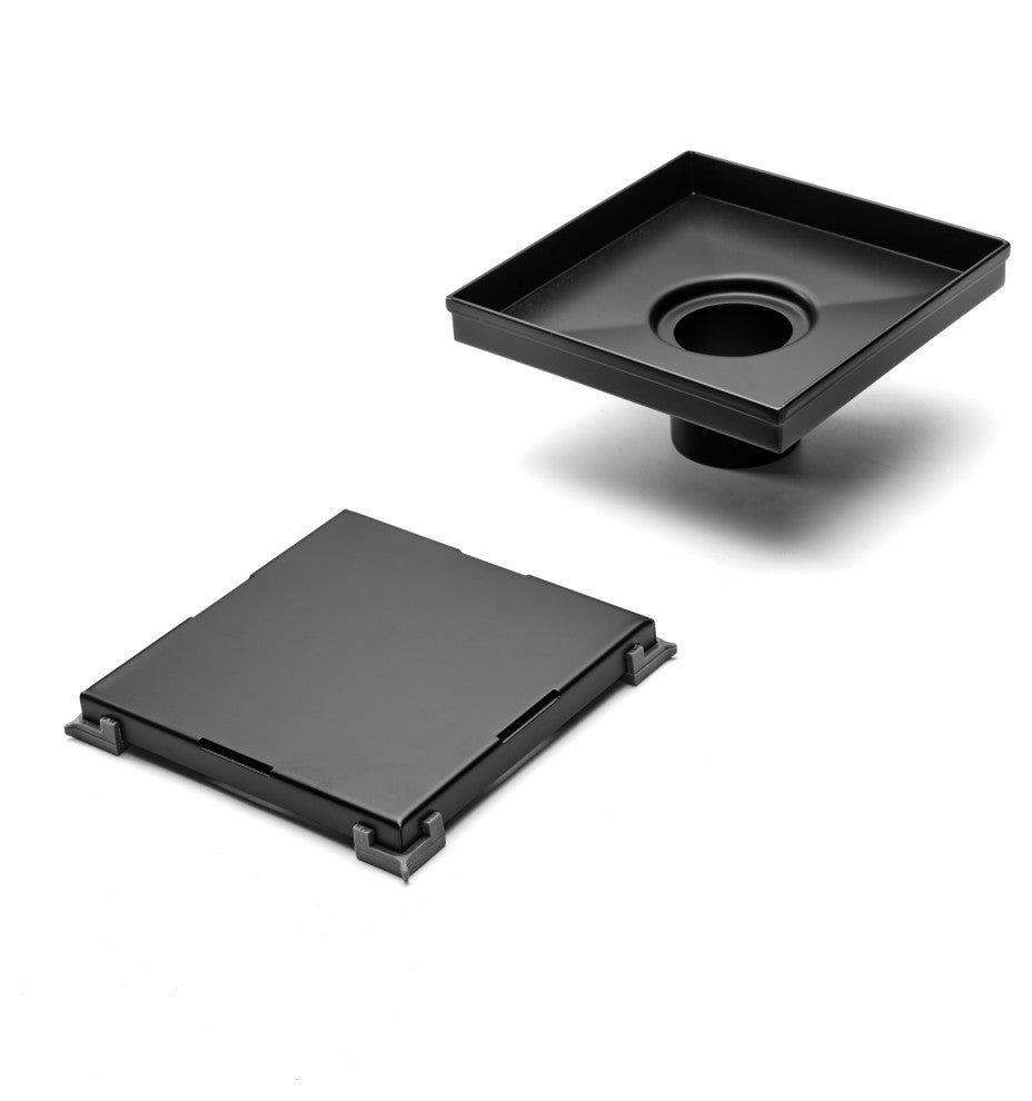 HEATGENE Square Shower Drain With Flat Cover With Base Flange, Matt Black, 6"