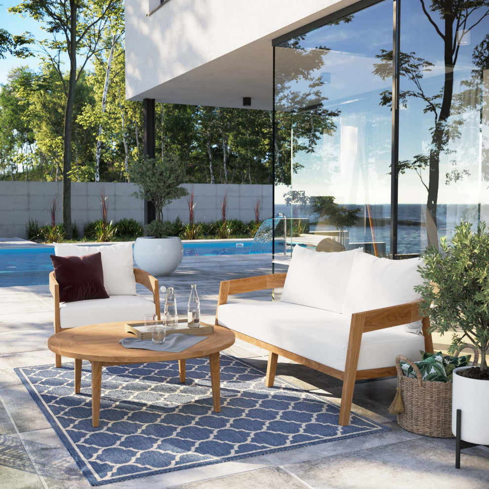 Sectional Sofa Chair Table Set, White Natural, Teak Wood, Modern, Outdoor Patio