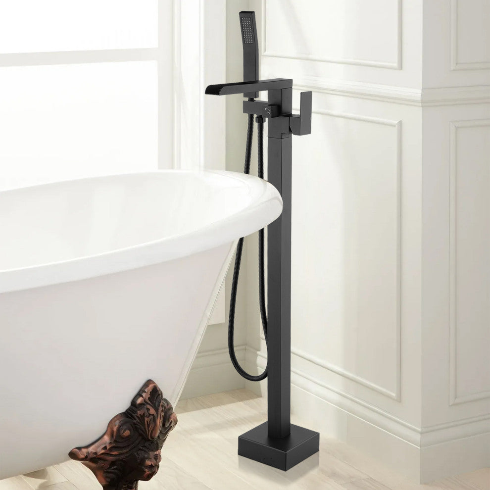 Waterfall Floor Mounted Tub Faucet With Hand Held Shower, Matte Black