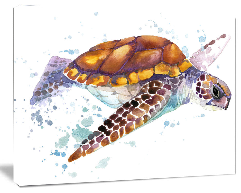 Brown Sea Turtle Watercolor, Contemporary Animal Art Canvas, 60"x28"