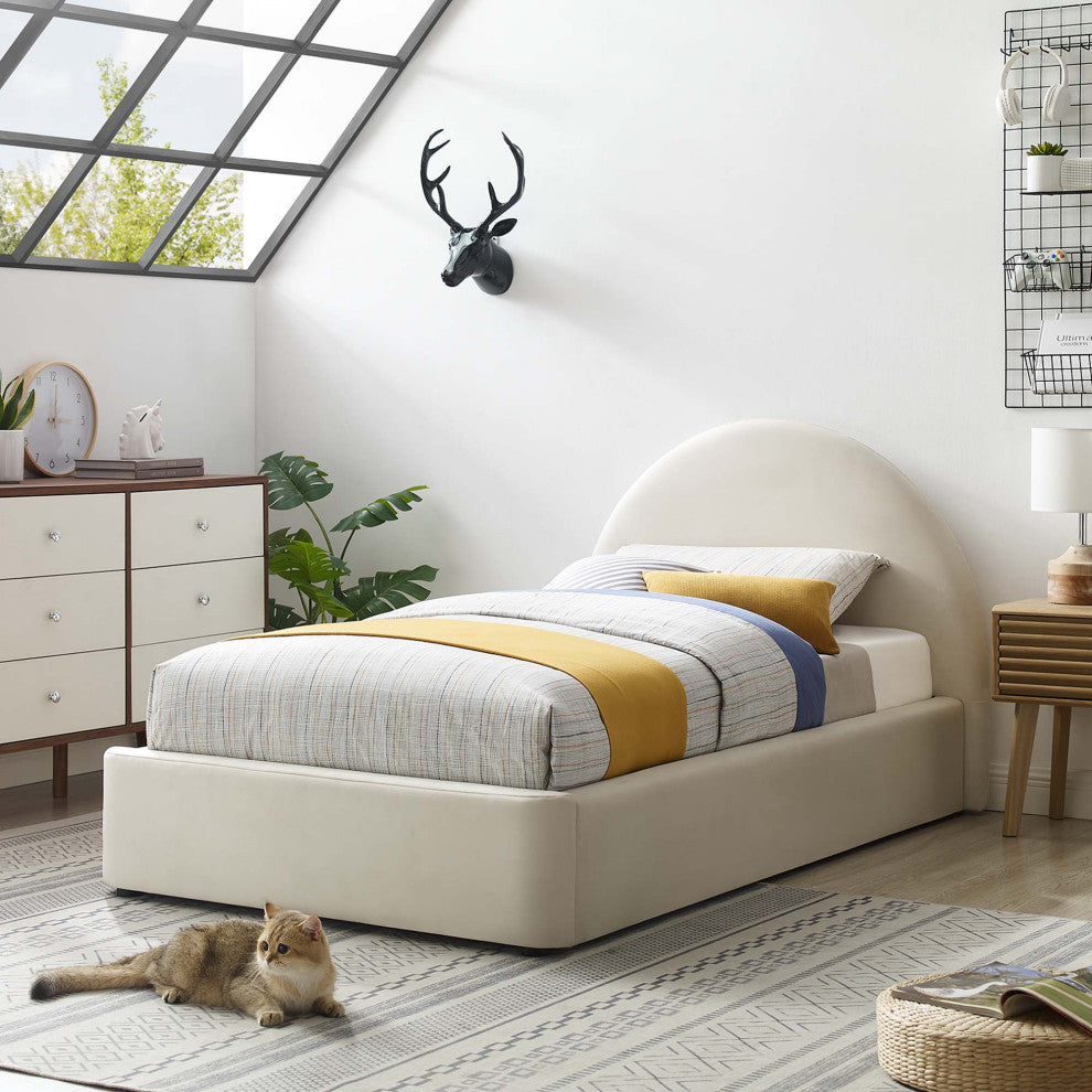 Resort Performance Velvet Arched Round Twin Platform Bed, Alabaster
