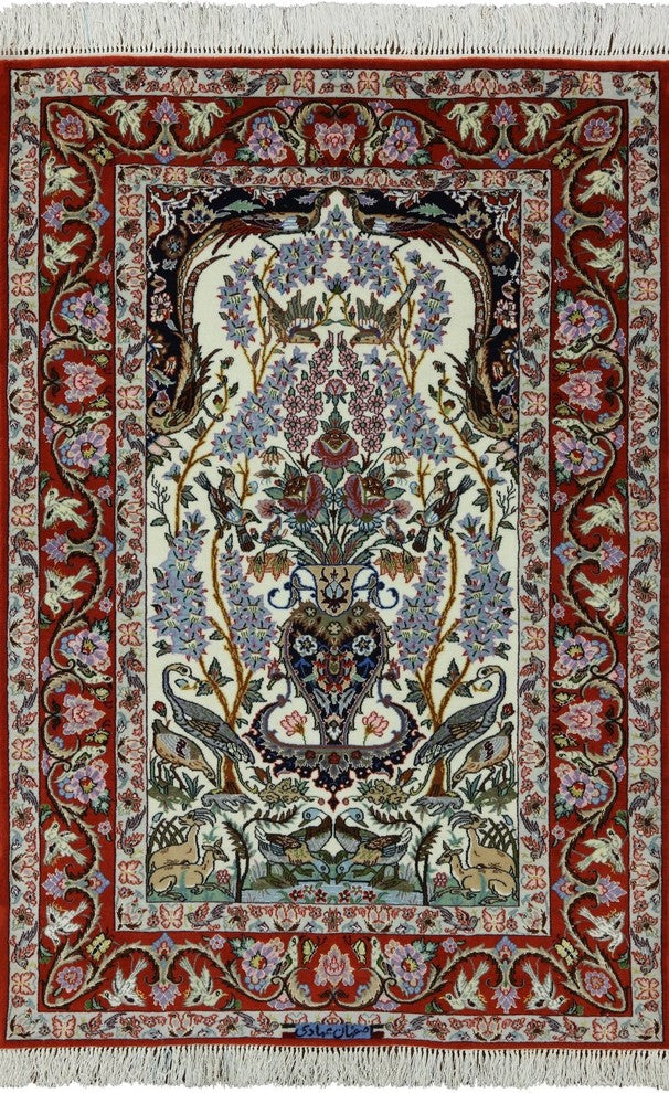 Signed Hand Knotted Wool and Silk Authentic Persian Isfahan Area Rug, 4'x5'