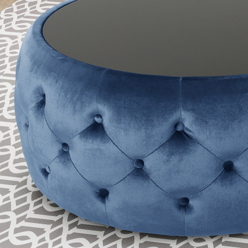 GDF Studio Ivy Glam Velvet and Tempered Glass Coffee Table Ottoman, Cobalt/Black