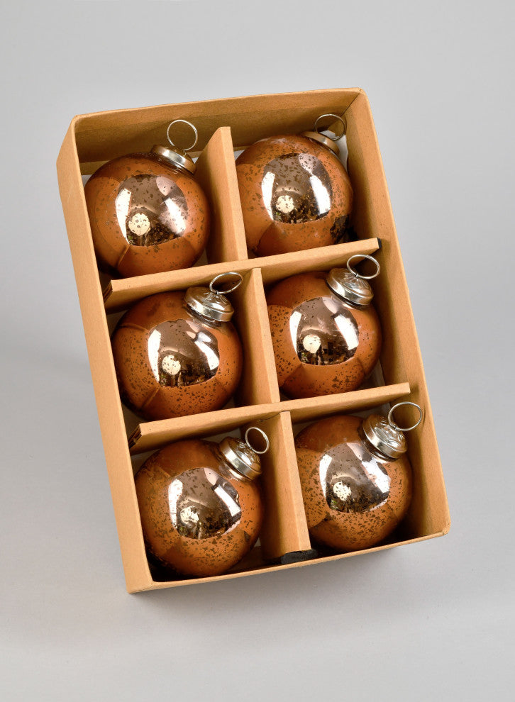 Set of 6 Antique Bronze Glass Ball Ornament in Window Box, 4"x3"