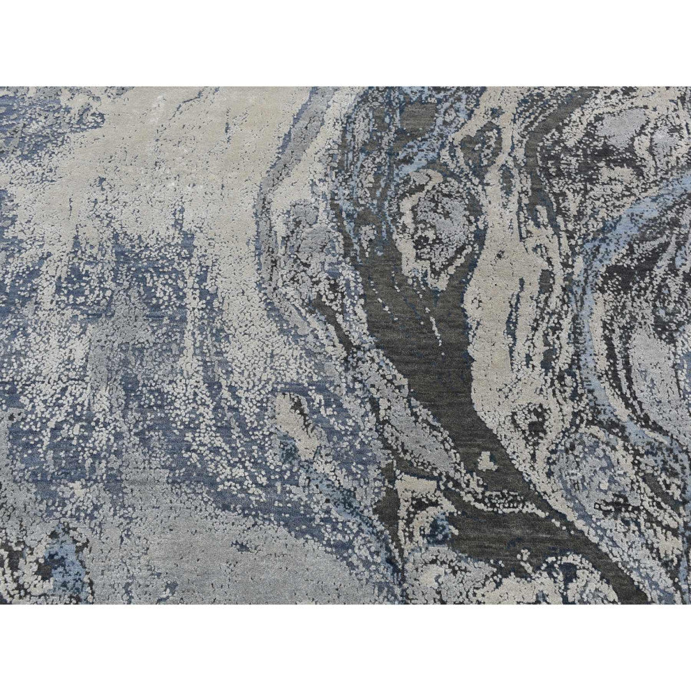 Blue, Geological Design, Wool and Pure Silk, Hand Knotted Rug, 6'x9'2"