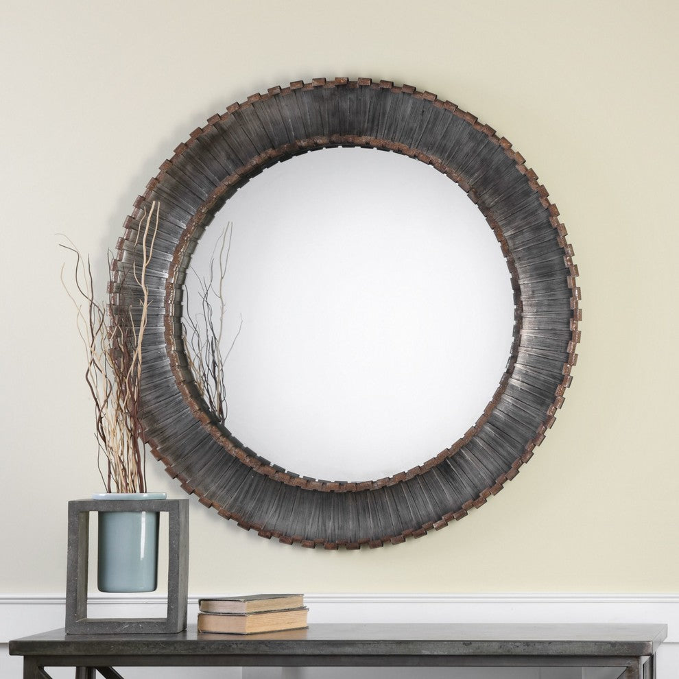 Bronze Metal Strips Round Wall Mirror, Large 46" Industrial Loft