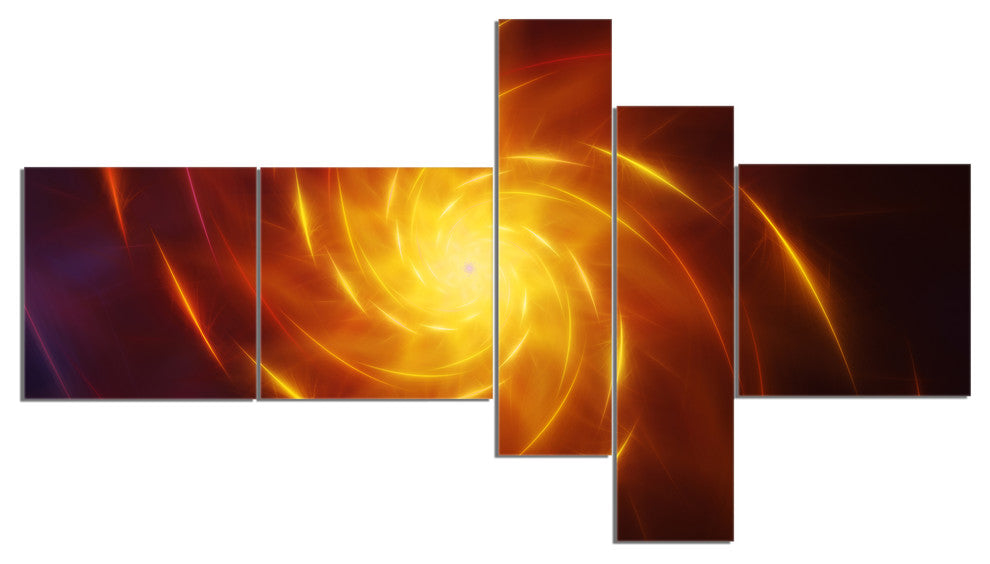Yellow Whirlpool Fractal Spirals, Abstract Art on Canvas, 60"x32", 5 panels