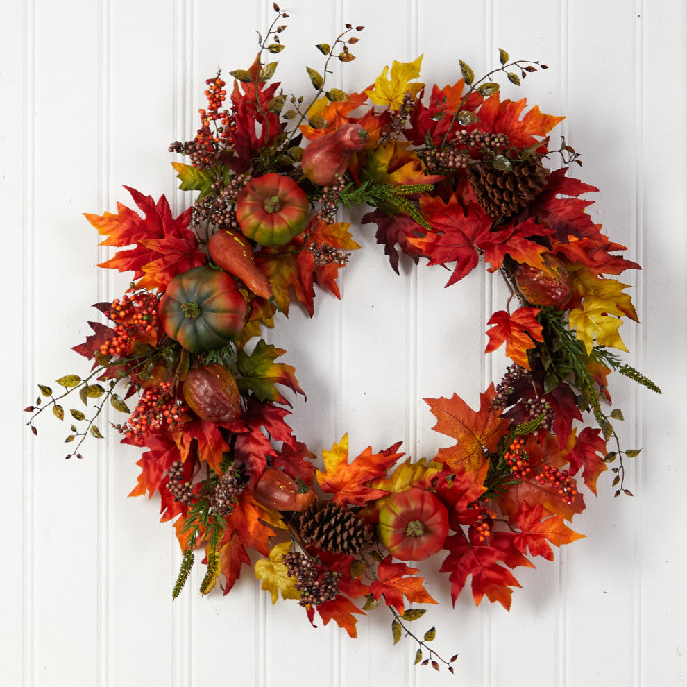 32" Autumn Maple Leaf, Pumpkin and Berries Artificial Fall Wreath