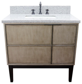 37" Single Vanity, Linen Brown Finish With Gray Granite Top And Rectangle Sink