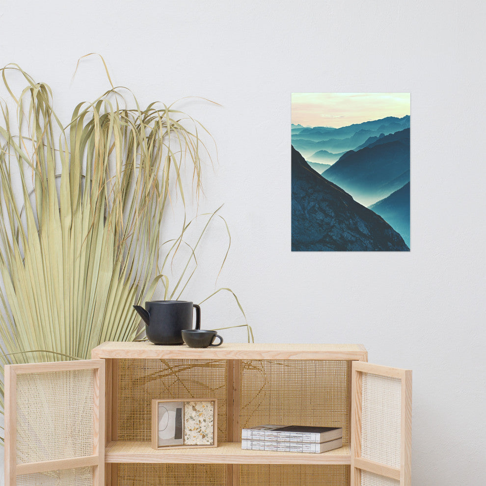 Misty Blue Silhouette Mountain Range Landscape Photo Unframed Wall Art Prints, 18" X 24"
