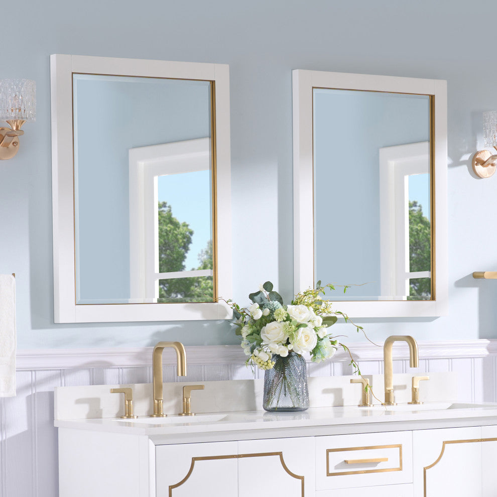 Solid Wood Beleved Edge Rectangular Framed Bathroom Wall Vanity Mirror, White, 24"?x32"