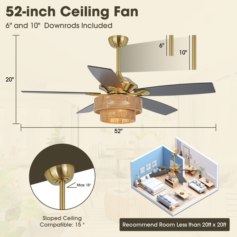 52 in Farmhouse Brushed Gold Ceiling fan with Hemp Rope Shade