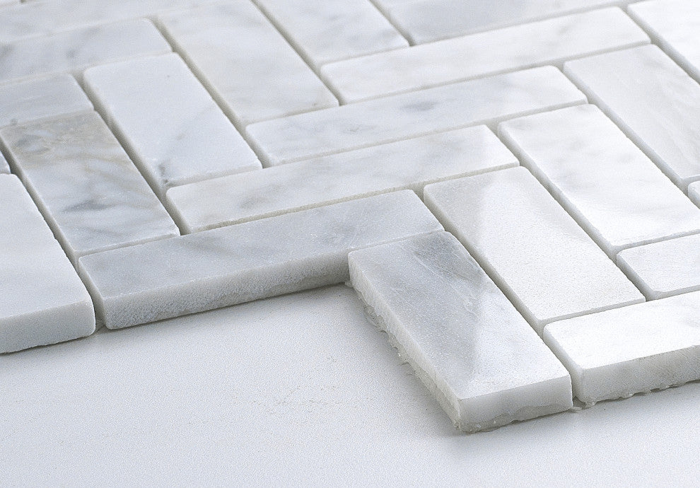 Carrara White 11.2"Ã—12.6" Herringbone Polished Marble Mosaic Tile, 1 Box