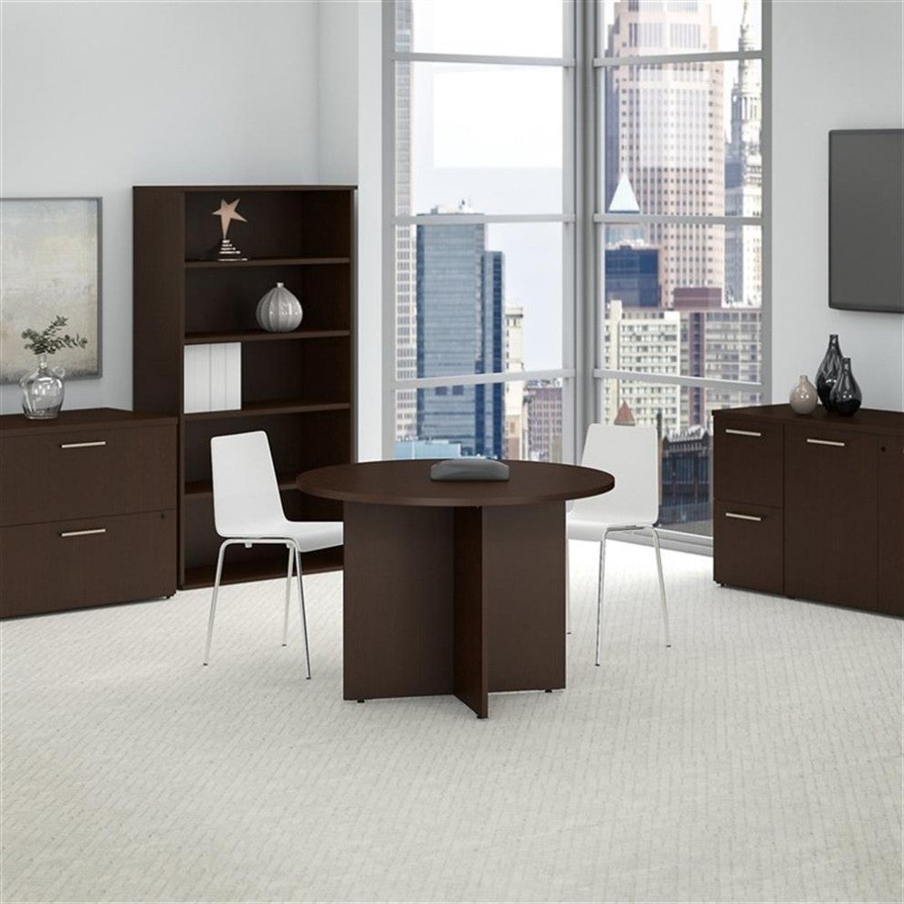 Bush Business Furniture Round Conference Table with Wood Base in Mocha Cherry