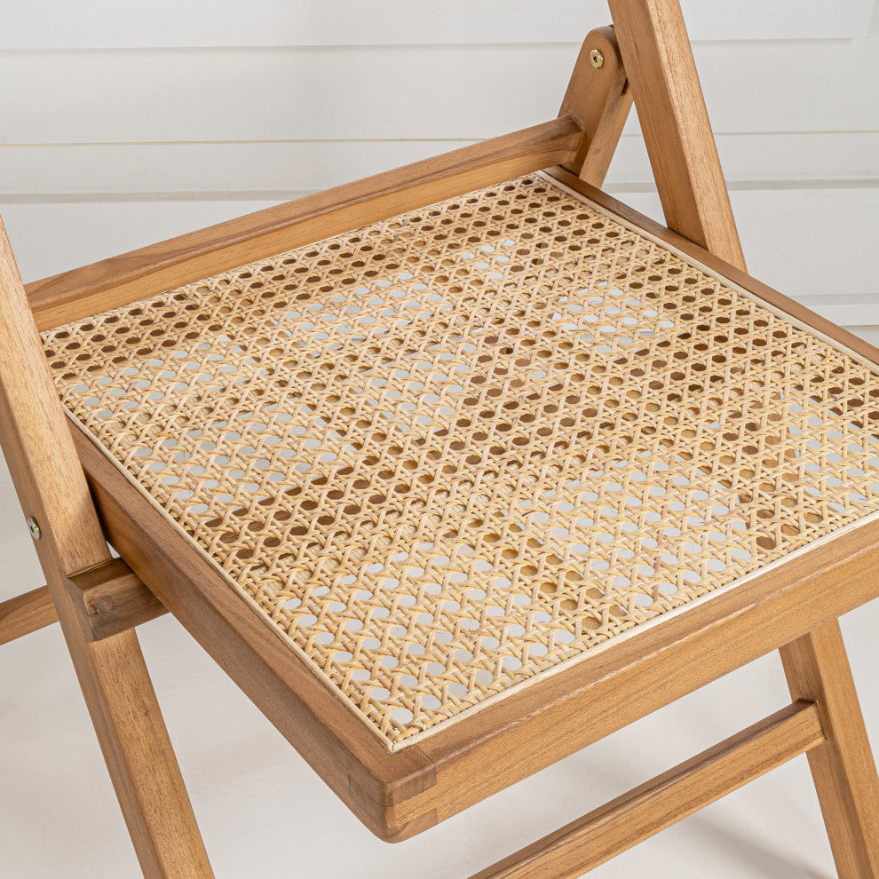 Vintage Wood Rattan Folding Chair, Adjustable Back, Light Brown, Set of 2