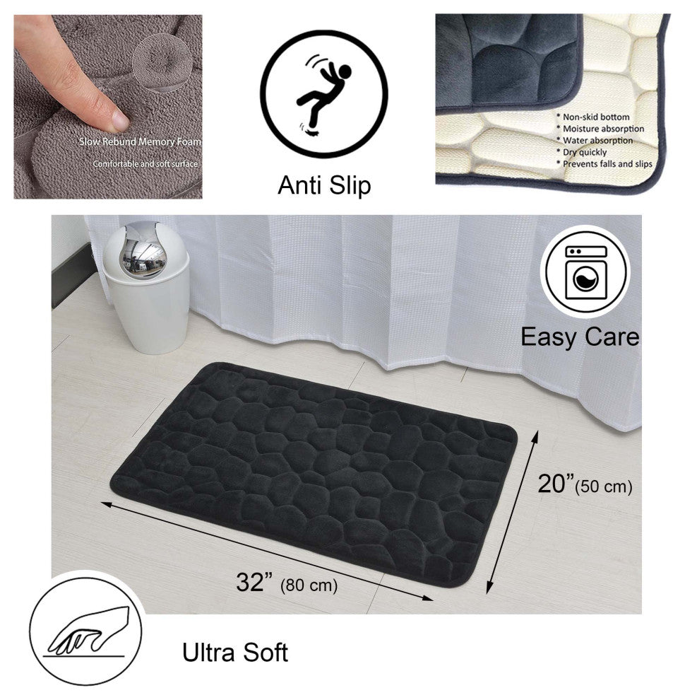 Bathroom Rug Memory Foam Mat 3D Pebble , Black, 32" X 20"