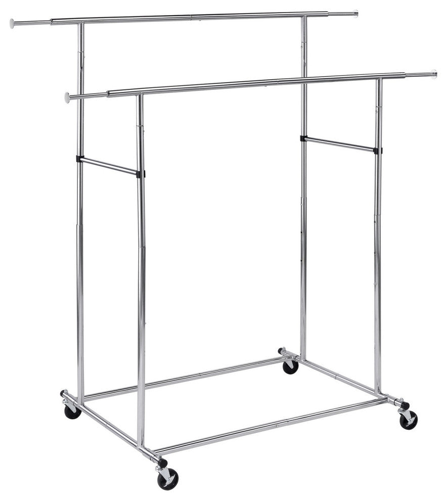 Dual Bar Tubular Metal Frame Garment Rack with Casters, Chrome