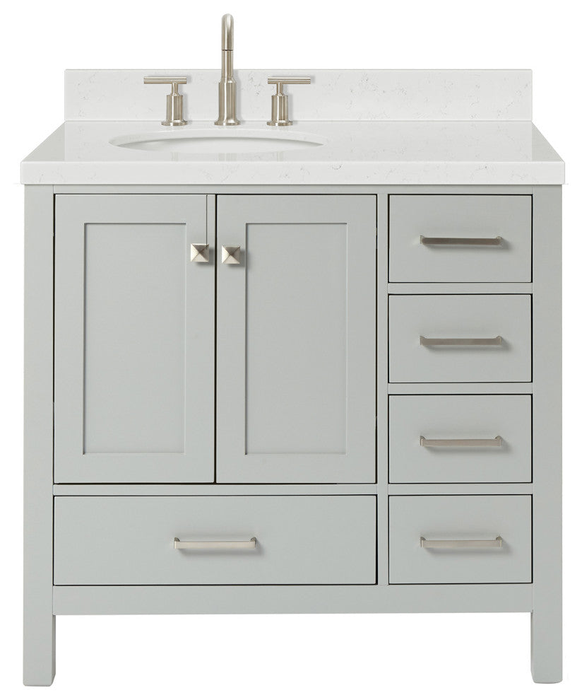 Ariel Cambridge 36" Left Offset Single Oval Sink Vanity, Carrara Quartz, Gray