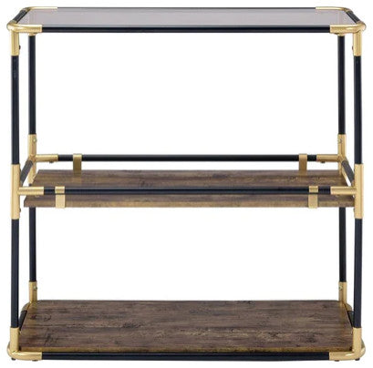 Benzara BM191404 Glass Top Console Table Metal Framing and Wooden Shelves, Black