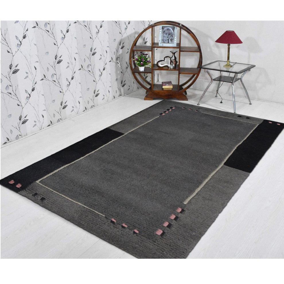 Hand Knotted Tibbati Wool Area Rug Contemporary Grey, [Rectangle] 6'x9'
