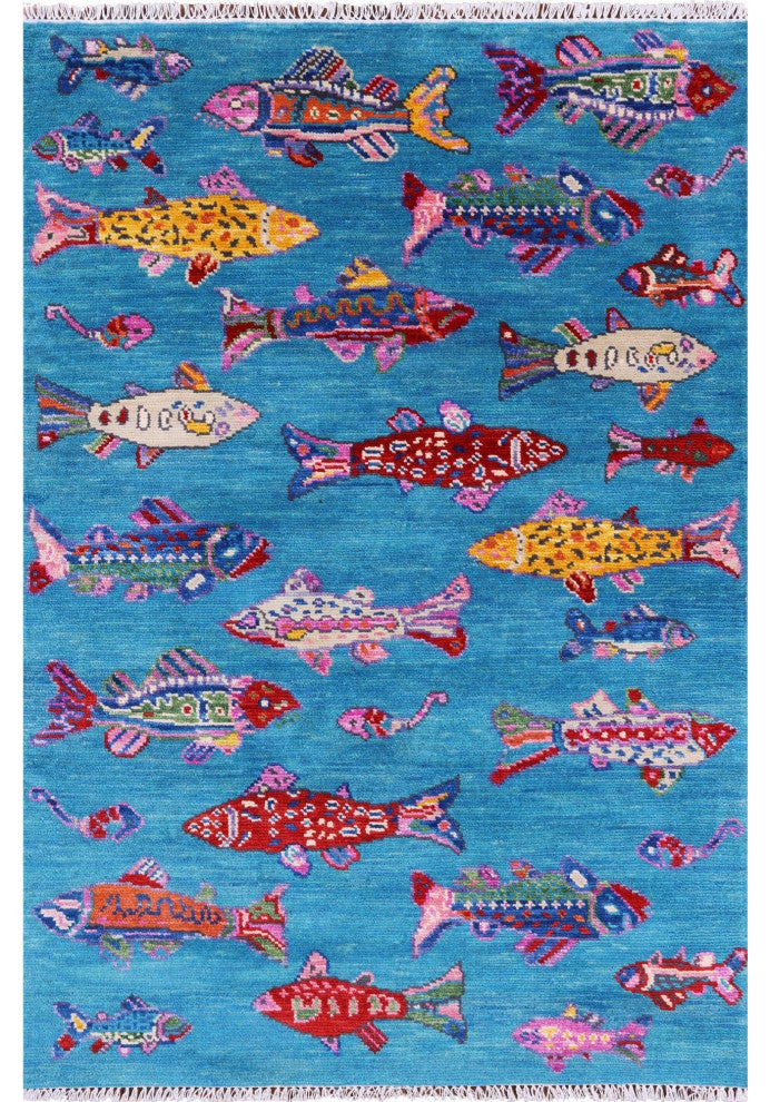 Gabbeh Fish Design Handmade Wool Rug 4' 1" X 6' 1" - Q15473
