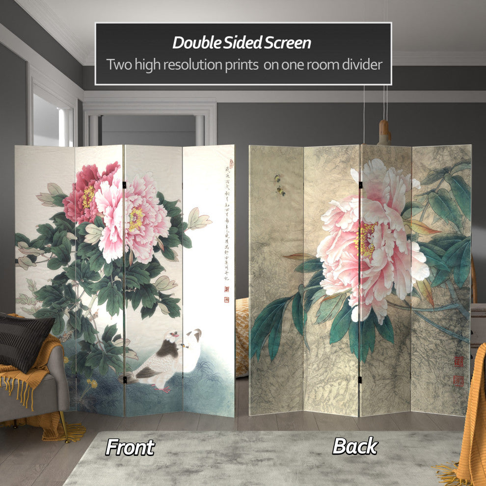 6' Tall Double Sided Doves and Peonies Canvas Room Divider