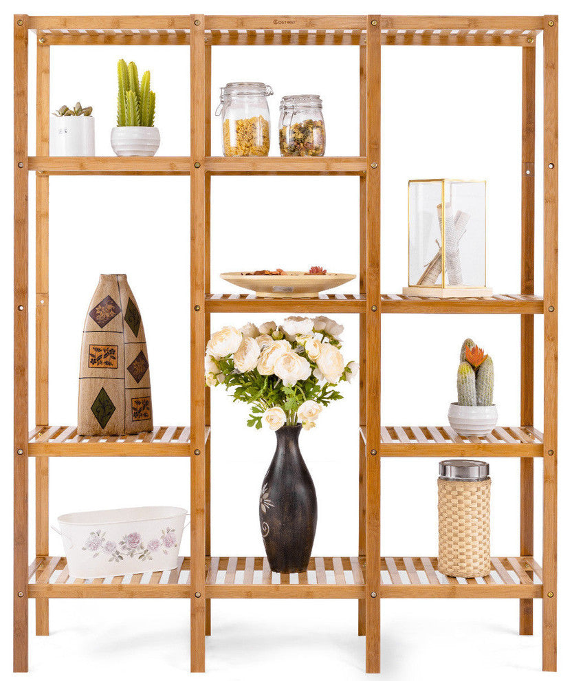 Costway Multifunctional Bamboo Shelf Organizer Rack Plant Stand Display Closet