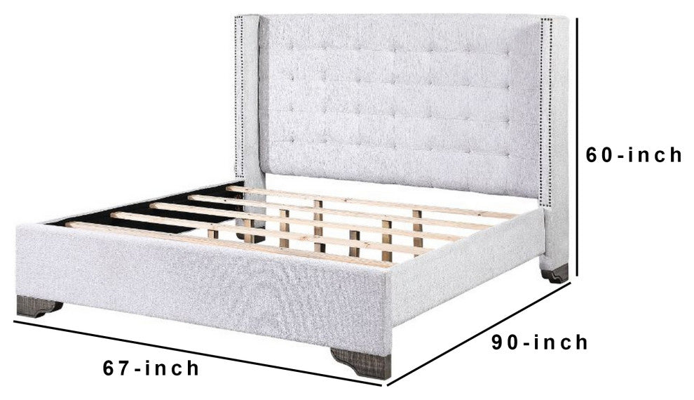 Benzara BM252725 Queen Bed With Full Fabric Upholstery and Tufting, Light Gray