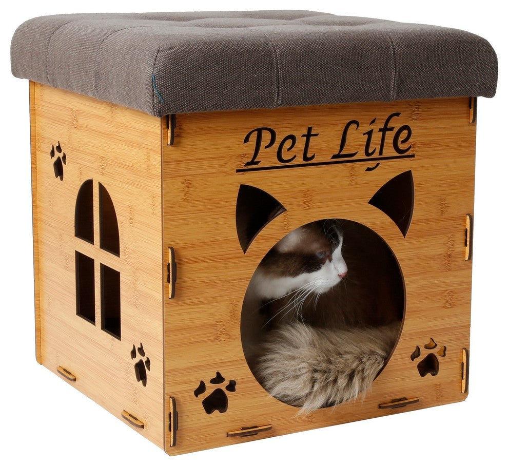 Foldaway Collapsible Designer Cat House Furniture Bench, Light Wood