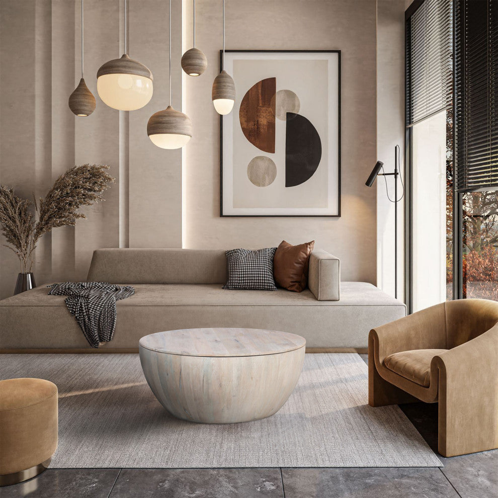 37" Round Coffee Table Handcrafted Drum Shape With Storage Washed White