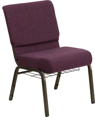 HERCULES 21'W Church Chair, Plum Fabric, Cup Book Rack, Gold Vein Frame