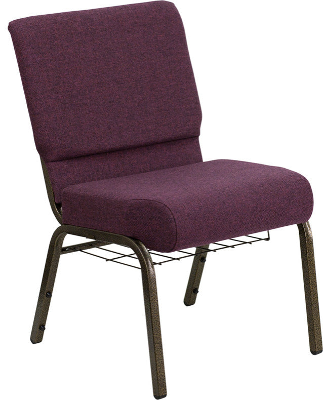 HERCULES 21'W Church Chair, Plum Fabric, Cup Book Rack, Gold Vein Frame