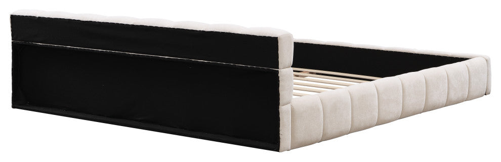Alice Chenille Upholstered Platform Bed With Checkerboard Design, Beige, King