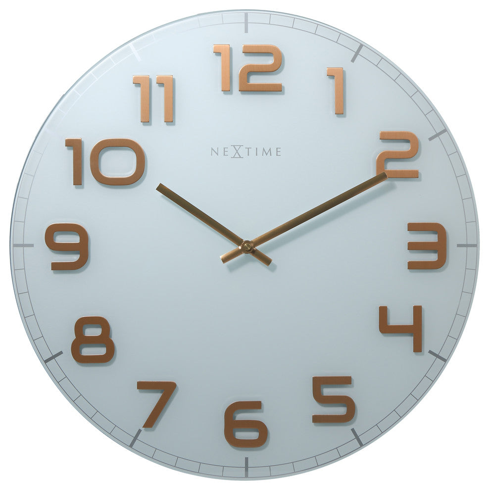 Large Classy Round Wall Clock, Glass, White and Copper, Battery Operated