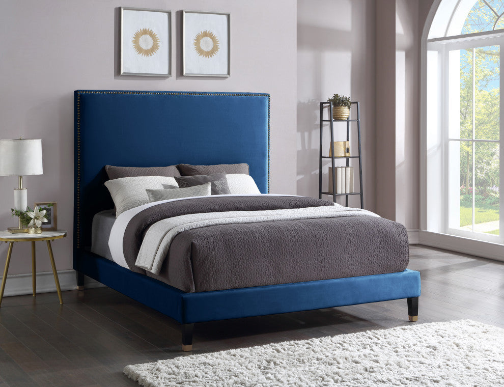 Harlie Velvet Upholstered Bed, Navy, Queen