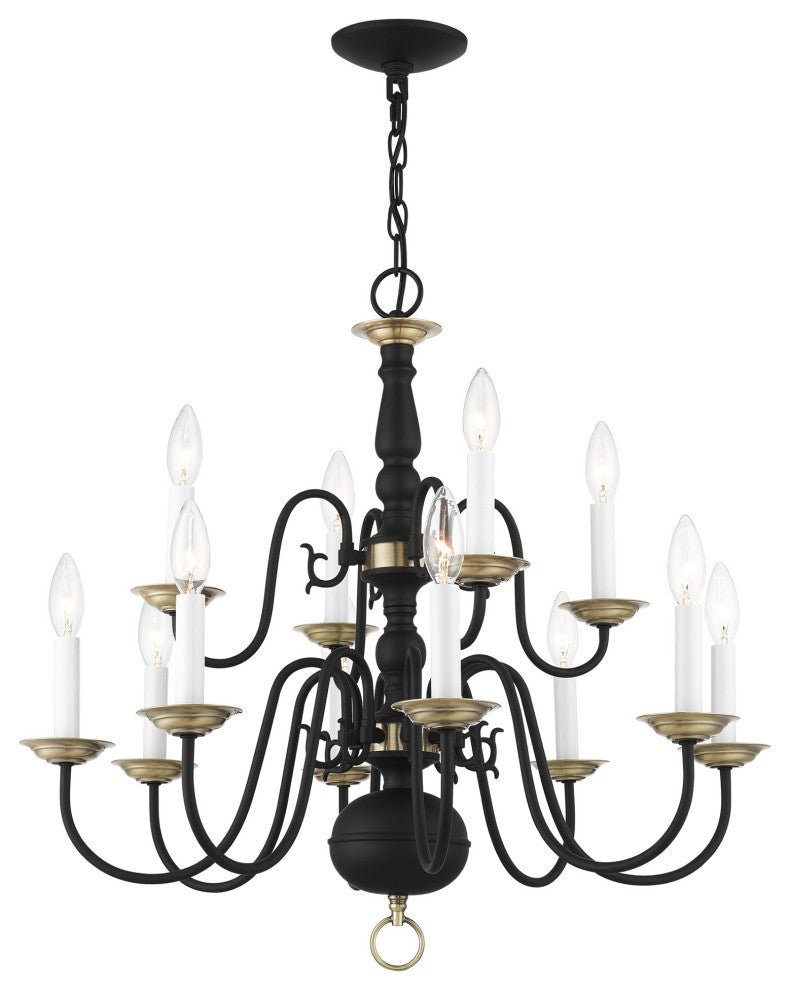 Livex Lighting Williamsburg 12 Light Black, Antique Brass 2-Tier Chandelier
