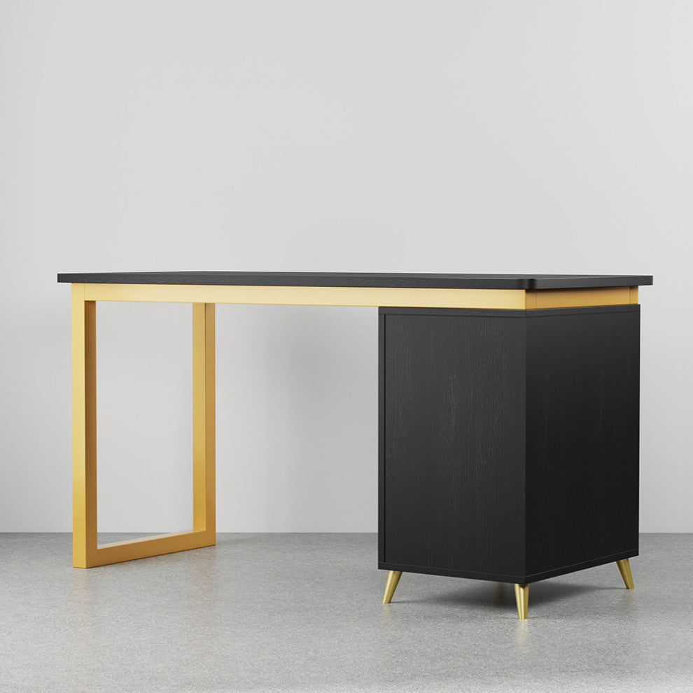 Modern 55" Black Wooden Home Office Writing Desk with Drawers in Gold