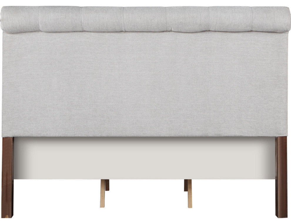Benzara BM284030 Modern King Size Bed, Button Tufted, Brown Frame, Beige Fabric